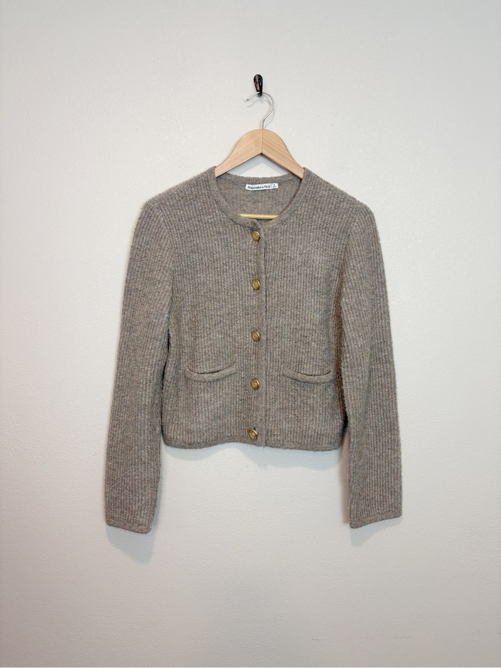 Abercrombie & Fitch Taupe Ribbed Knit Cardigan Gold Buttons Size Small